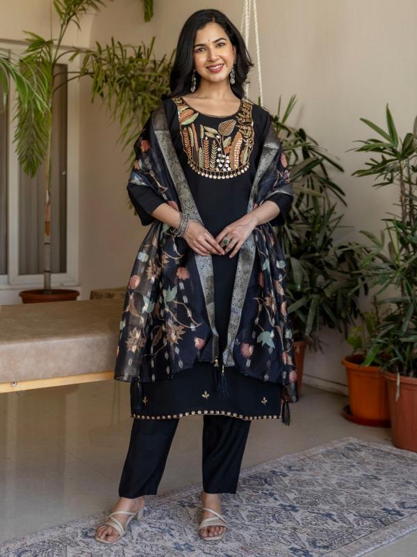 VP 9901 B Women’s Roman Silk Straight Kurta Pent Dupatta Sets with Embroidery Work | 3pcs Ethnic Set